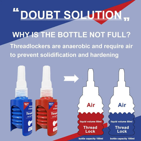 Blue And Red Thread Locker Set For Medium And High Strength Thread Locking For Nuts Bolts And Metal Fasteners Keeps Fasteners Locked Down And From Loosening While Preventing Corrosion WAN2TLK Two 50 Milliliter Bottles image showing two bottles with air explanation