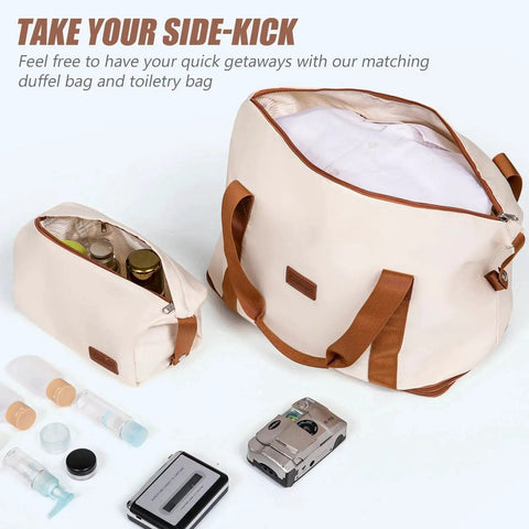 Beige duffel bag and toiletry bag part of Five Piece ABS Luggage Set With Spinner Wheels And TSA Lock, placed with travel essentials.