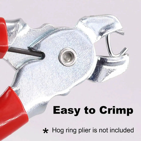 Hog ring plier clamping tool close-up with text 'Easy to Crimp', suitable for 1000 Pack 3/8 Inch Galvanized Hog Rings Assortment Kit