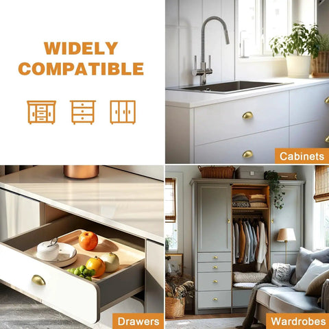 Collage showcasing the versatility of 5 Pack Champagne Bronze Cabinet Pulls 3 Inch Hole Centers 76mm Bin Cup Drawer Pulls.