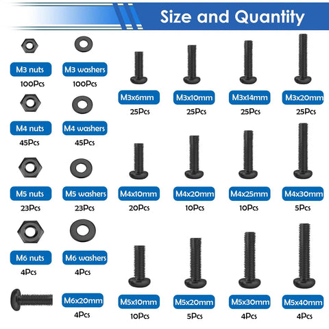 516-Piece Black Nuts And Bolts Kit With 21 Sizes M3 To M6 Screws Nuts And Flat Washers, Carbon Steel, shown by size and quantity.