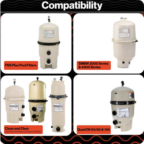 Air relief valve collage for Pentair pool filters: FNS Plus, Clean & Clear CCP series, SMBW 2000/4000, Quad DE 60/80/100