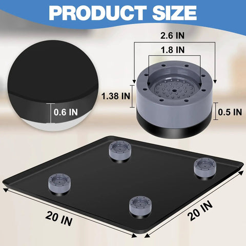 Black silicone mat with four gray base raisers for under fridge/appliance; 20 x 20 in, 0.6 in thick