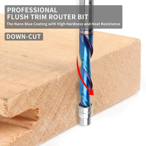 Downcut Spiral Flush Trim Router Bit Pro Grade One Quarter Inch Shank Solid Carbide Nano Coated With Top Bearing visible on wood