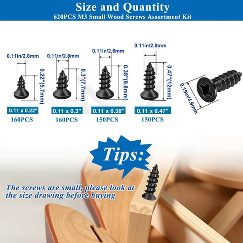620 Piece M3 Wood Screws Assortment Kit with Phillips Drive shown with sizes 5.7mm, 7.7mm, 9.8mm, 12mm in furniture setup.