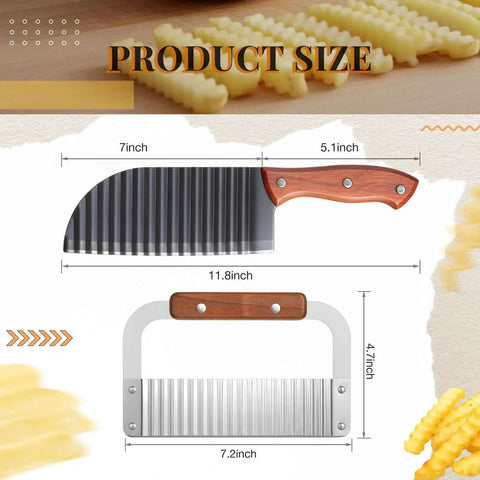 2 Piece Crinkle Cutter Set for Potatoes and Veggies With Stainless Steel Wavy Blades and Wooden Handles showing product dimensions