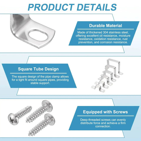 Square Pipe Clamp Set For 1-3/8 Inch Tubes In 304 Stainless Steel With U Shaped Connector Brackets and Self Tapping Screws