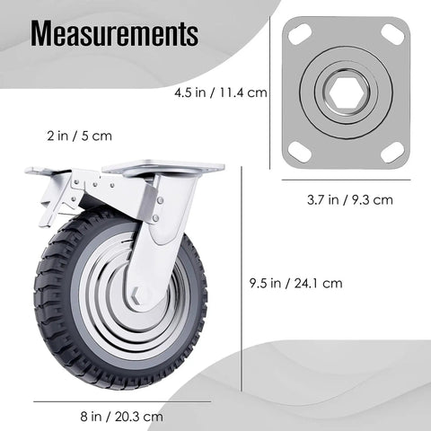 Houseables 8-inch swivel caster wheel with rubber tire; side view showing mounting plate, set of 4