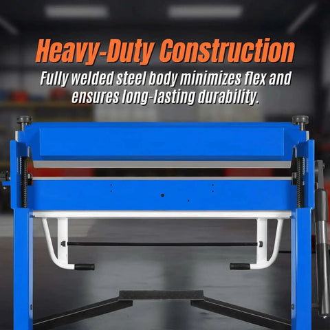 50 Inch Foot Clamp Pan And Box Brake for Light Duty Sheet Metal Folding, blue steel body, foot pedal, 135-degree bend capacity