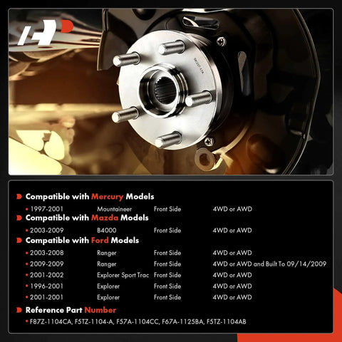 Heavy Duty Front Wheel Bearing And Hub Assembly With ABS For Ford Explorer 1996 To 2001, 5 Lug, AWD And 4WD, close-up view