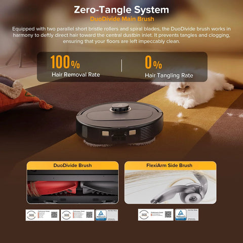 roborock Qrevo S5V robot vacuum and mop on brown floor with cat nearby; shows DuoDivide main brush and FlexiArm side brush