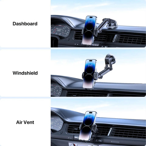 3 In 1 Car Phone Mount For Dashboard Windshield Or Air Vent Heavy Phone And Thick Case Friendly Universal Phone Holder That Fits All Smartphones In Any Vehicle, shown installed on dashboard, windshield, and air vent.