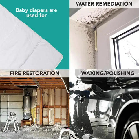 Collage of Virgin Cotton Diaper Rags used for water remediation, fire restoration, waxing and polishing, shown with auto and home scenes.