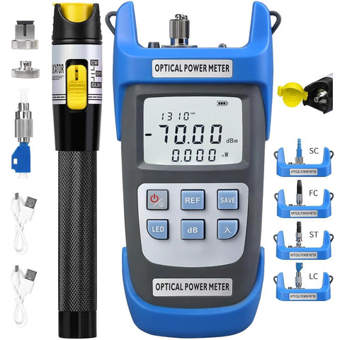 Blue A-C710A optical power meter, front view, with test pen, USB cable and FC-LC adapter plus SC/FC/ST/LC adapters.