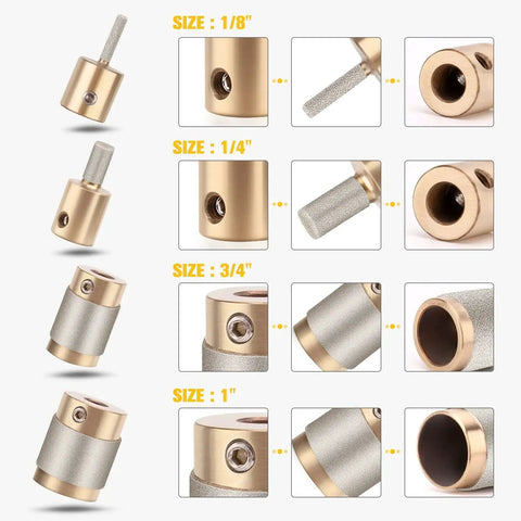 Front and side view of Diamond Grinder Bit Head Tools For Stained Glass Set With Brass Core Pro Grade Four Piece Diamond Bit Set In Sizes One Inch One And Three Fourths Inch One Quarter Inch And One Eighth Inch With Allen Wrenches Ecarke.
