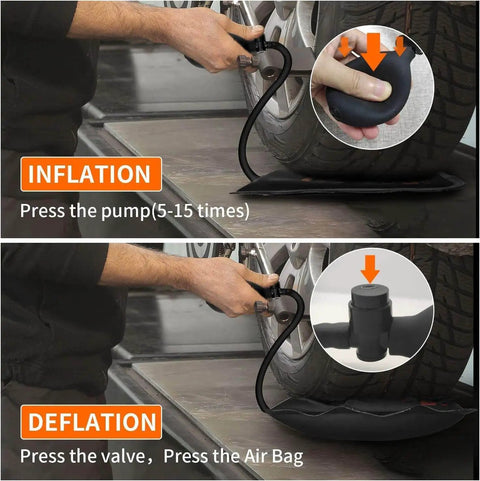 Inflation and deflation of Air Wedge Bag Pump Kit, 3 Pack With 330 Lb Rating, used under a car tire for leveling