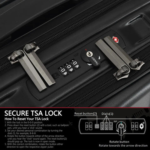 Detail of dual TSA lock on Lightweight 16 Inch Carry On Luggage With Dual Laptop Compartments; black TydeCkare hardshell case