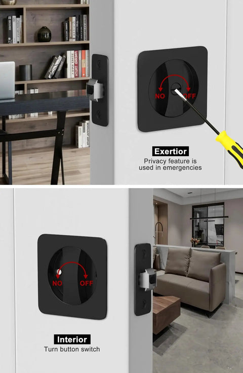 Black Pocket Door Lock For Sliding Doors With Privacy Latch And Rounded Corner Square Hardware Fits Standard Interior Doors From One And Three Eighths To Two And Three Sixteenths Inches Thick Ideal For Bathroom And Bedroom installed view showing exterior and interior