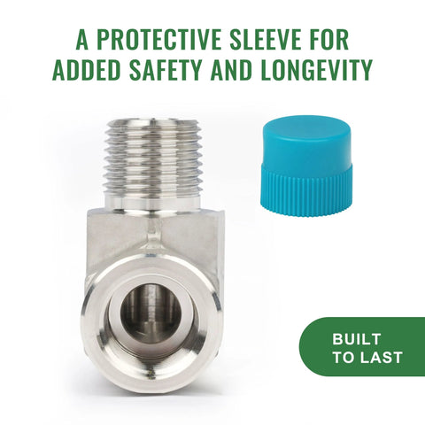 Stainless steel 90-degree street elbow with male/female threads; blue protective sleeve cap beside