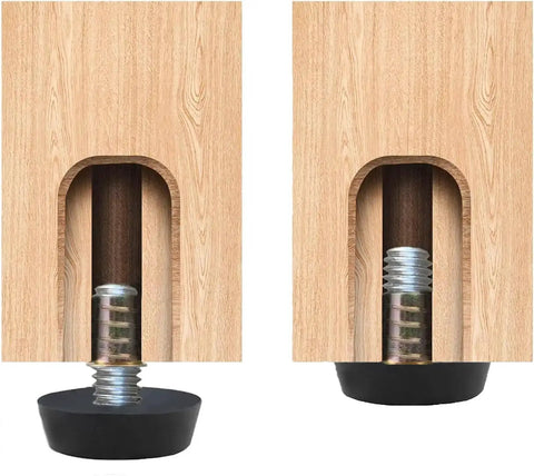 Close-up of 16 Pack Adjustable Wood Furniture Levelers with One Quarter Inch Twenty Thread Inserts showing galvanized steel and wood material.