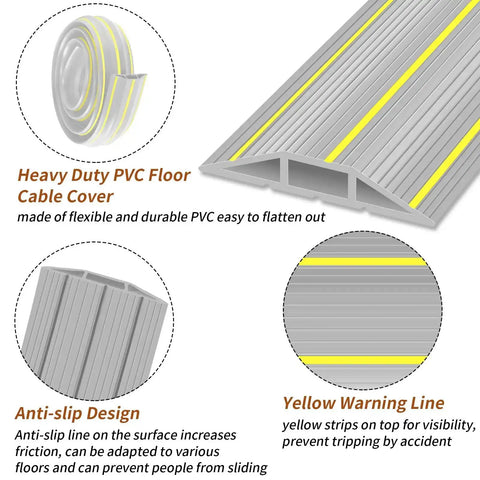 Heavy Duty Ten Foot Floor Cord Cover With 3 Channel PVC Cable Protector showcasing anti-slip and yellow warning lines
