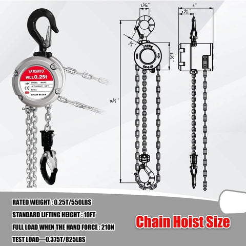 Manual Chain Hoist 0.25 Ton 550 Lbs Capacity 10 Foot Lift 360 Degree Rotatable Chain Block With Dual Safety Hooks diagram