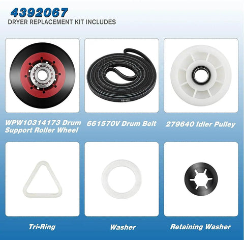 Upgraded 4392067 Dryer Repair Kit With W10837240 Idler Pulley Includes WPW10314173 Drum Roller Set 661570V Belt And 279640 Replacement