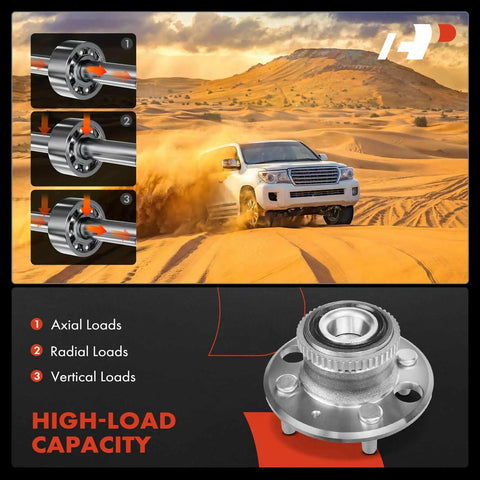 Rear Wheel Bearing And Hub Assembly Set With ABS Ring For Honda Civic 1992 2000 Civic Del Sol 1993 1997 Acura Integra 1990 2001 4 Lug Rear Disc FWD Only Two Pack Ready To Install, showcasing a vehicle in sandy terrain with high-load capacity details.