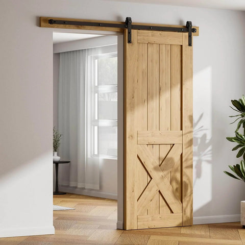 5 Foot Sliding Barn Door Hardware Kit For 26 To 30 Inch Wide Single Door Matte Black Track System installed over wooden door