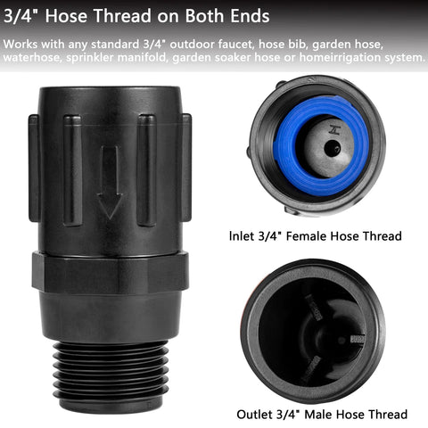 Two-pack garden hose pressure regulator 25 PSI, 3/4 in FHT to 3/4 in MHT, black plastic drip irrigation regulator