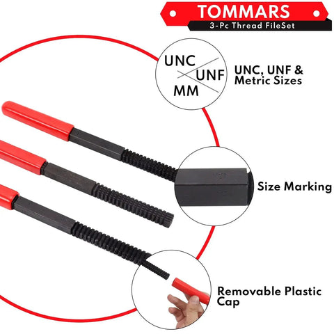 3 Piece Thread File Set for SAE and Metric External Threads Repair showing UNC, UNF, and metric sizes with red handles.