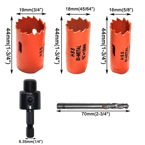 Three orange HSS Bi-Metal hole saws with hex shank adapter and steel pilot bit; sizes 19mm, 18mm, 16mm visible for wood and metal.