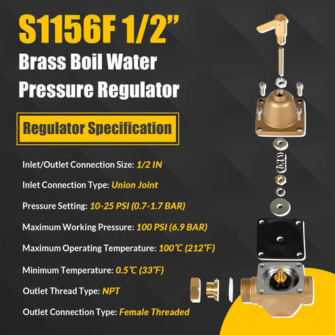 Brass 1/2-inch Watts S1156F water pressure regulator, exploded view of regulator components