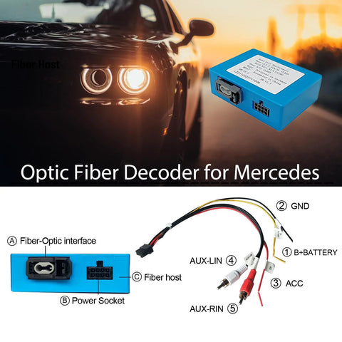 Blue Optic Fiber Decoder box for Mercedes-Benz car stereo with fiber-optic interface and power socket.