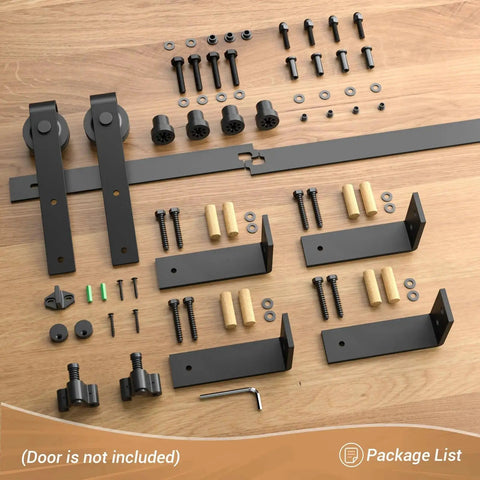 10 Ft Ceiling Mount Sliding Barn Door Hardware Kit Black With Low Ceiling L Shape Bracket System components laid out