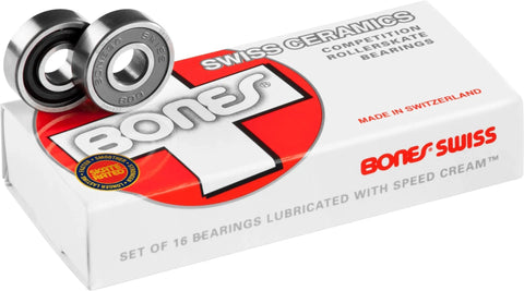 Bones Swiss Ceramics bearings, 8mm, 16-pack, metal ball bearings on white package with red Bones Swiss logo
