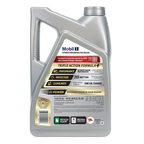 Mobil 1 Extended Performance High Mileage 5W30 Full Synthetic Motor Oil 5 Quart bottle, front view