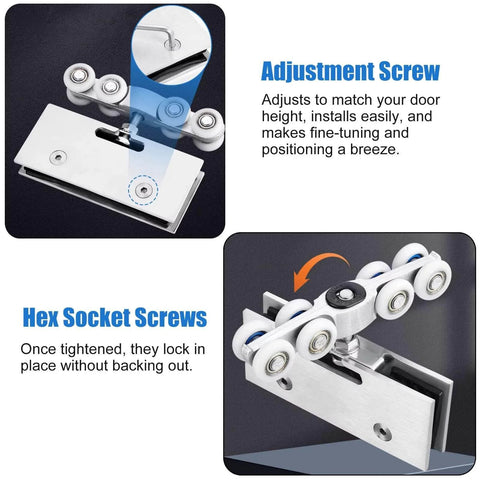 Close-up view of Sliding Glass Barn Door Hardware Kit with 3 mm aluminum track and stainless steel rollers for shower doors.