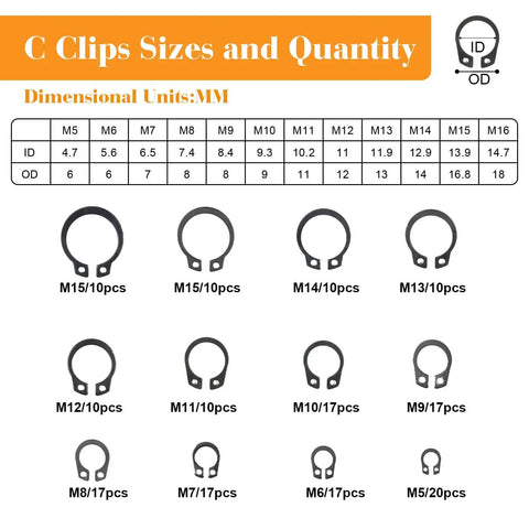 C clips sizes and quantity chart from 330 Piece Snap Rings Kit With E Clips And C Clips External Retaining Rings Assortment 24 Sizes