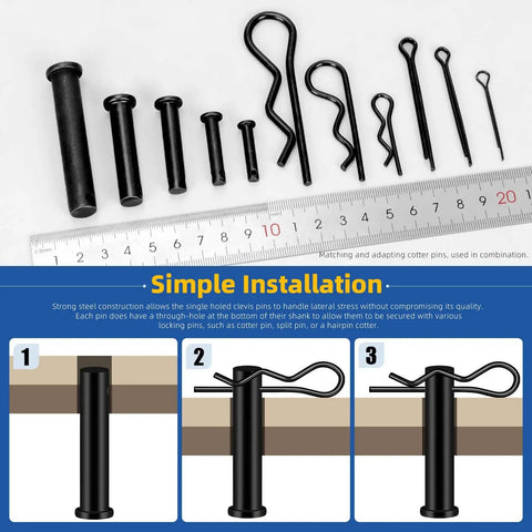 All Purpose Clevis Pin Kit With Cotter Pins And R Clips In 11 Sizes, 67 Piece Set Black Finish For Industrial Hardware
