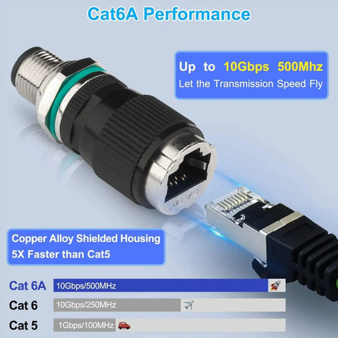 M12 To RJ45 10Gbps Ethernet Adapter With Copper Alloy Shielding, Cat6a Performance, Rugged IP68, For Industrial Automation And Outdoor Use