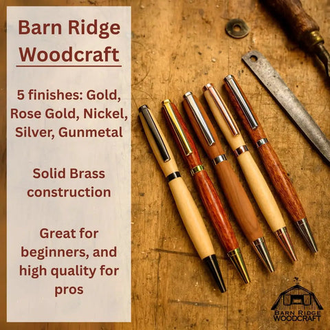 Pro Slimline Pen Kit Set For Wood Turning Ten Pack With Multiple Finishes 7mm Twist Pen Kit Includes Refills displayed on table