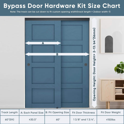 5 Foot Heavy Duty Bypass Door Hardware With Finger Pulls, Aluminum Sliding Closet Door Track, Quiet and Smooth Operation Chart