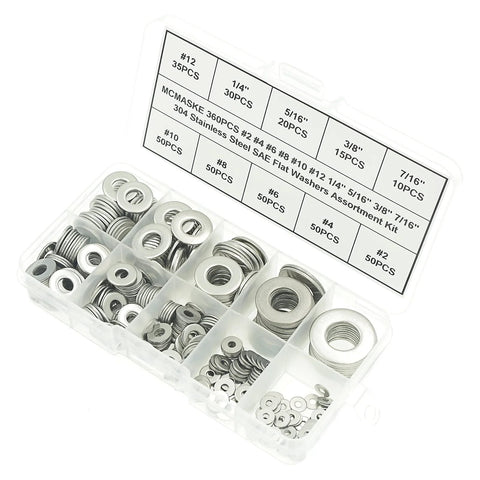 MCMASKE 360pcs stainless steel flat washers kit in clear plastic case, 304/18-8 SS, sizes #2 to #12 and 1/4 to 7/16 in