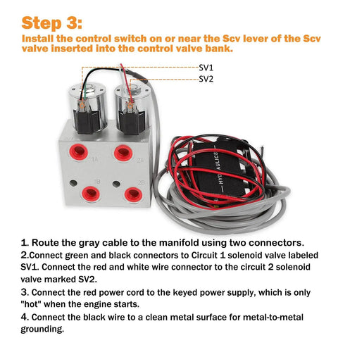 Hydraulic Multiplier Kit for Tractors installation manual showing SV1 and SV2 connections and wiring for SCV Splitter Valve Two Circuit System.