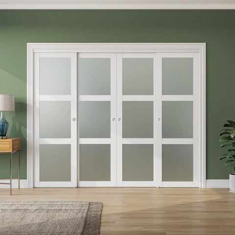 Sliding Closet Door 112x80 Inches Bypass Frosted Glass 3 Lite With Hardware Kit Included Preassembled MDF With PVC Panels White Easy Install