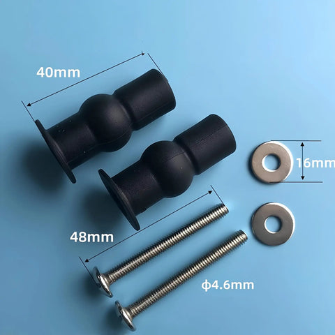 Universal 2 Piece Toilet Seat Hinges Screws Replacement Kit With Metal Hinges And Bolts shown with dimensions on blue background