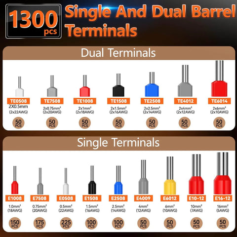 Ferrule Crimping Tool Kit With Self Adjusting Ratchet For AWG 28 To 5 0.08 To 16 Mm2 Includes 950 Single Ferrules And 350 Twin Ferrules With A Double Layer