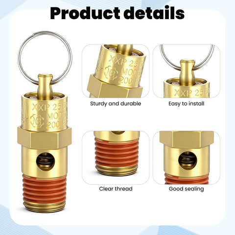 Two brass 1/4-inch NPT air compressor check valves, red-threaded with hex nut, 200 PSI rated