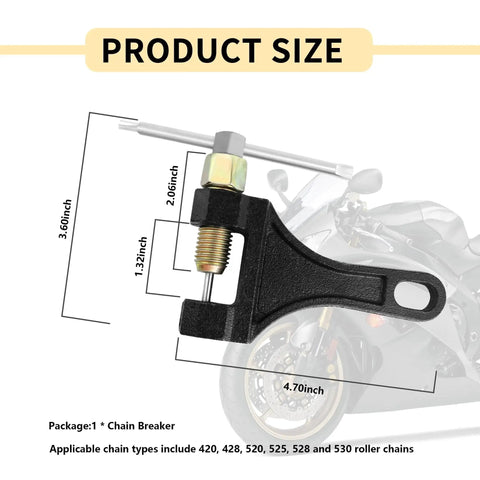 Heavy Duty Motorcycle Chain Breaker Tool For Chain Link Removal Fits 420 428 520 525 528 530 Universal Bike Chain Tool with size dimensions